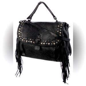 STUART WEITZMAN Black Leather Gold Silver Studded Western BOHO Satchel Hippy